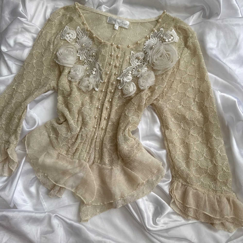 Pretty Angel Cream Linen Lace 3D Floral Pearl Button Ruffle Cardigan Top Large - Picture 2 of 5